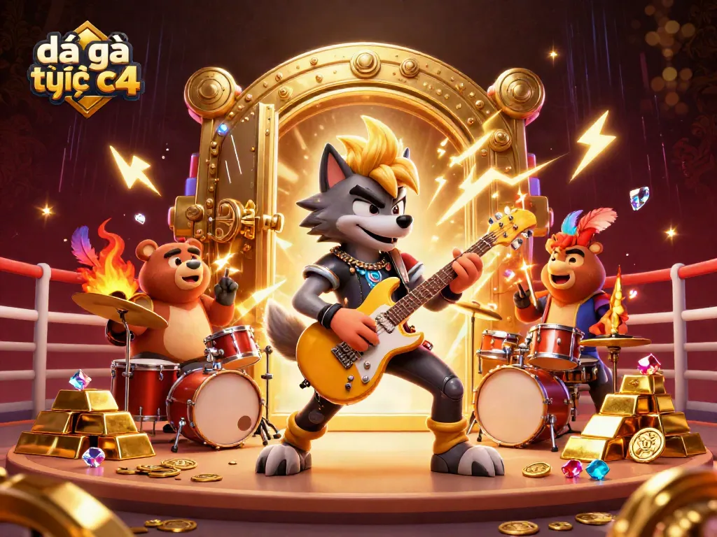 Experience the excitement of đá gà trực tiếp c4 with a dynamic casino scene featuring vibrant characters and treasures.