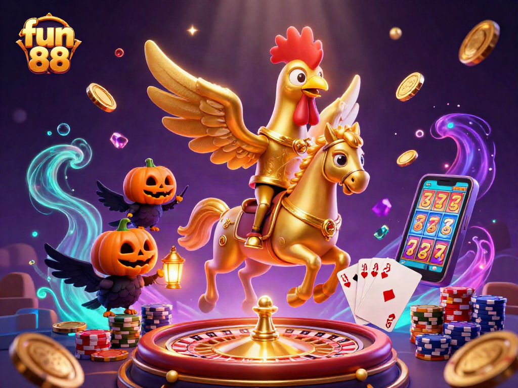 Experience fun 88 at a vibrant casino with golden characters and thrilling gaming elements.