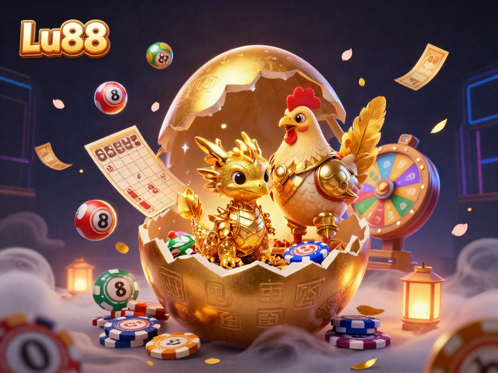 Engage with Lu88's vibrant gaming world featuring a golden dragon amidst lottery elements.
