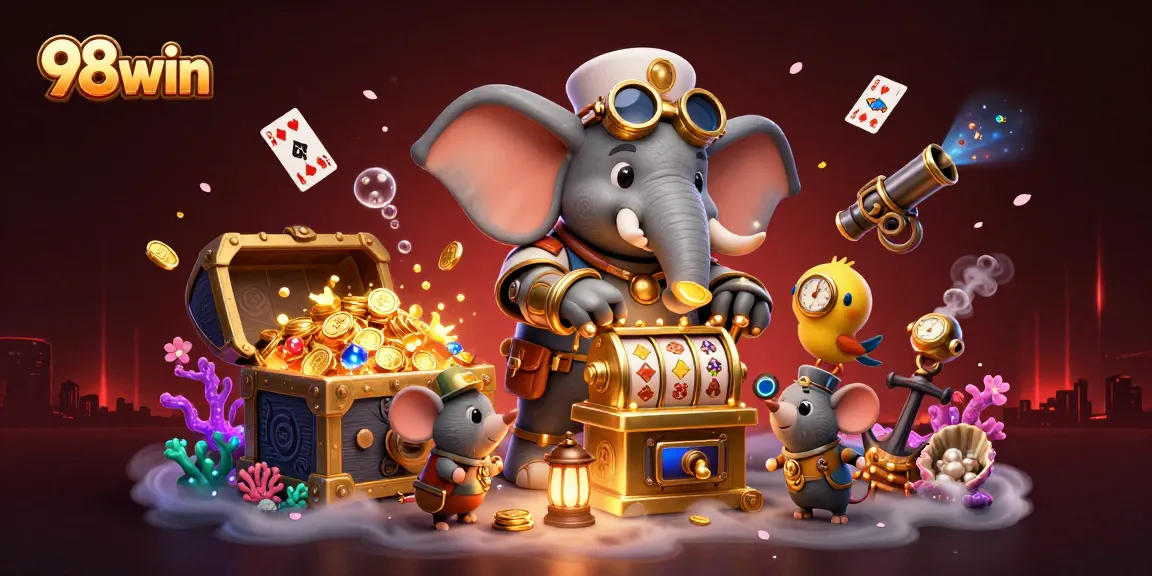 Engage with 98win's lively steampunk gambling scene featuring a slot machine and treasures.