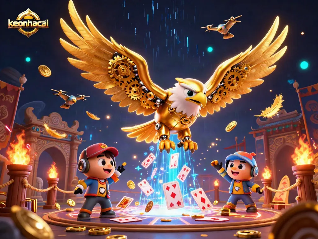 Experience thrilling action with keonhacai as a golden eagle dives through holographic cards in a vibrant casino scene.