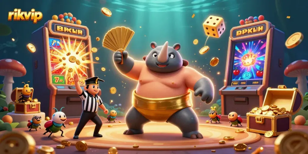 Experience the thrill of rikvip with a dynamic scene of a beetle sumo champion surrounded by dazzling casino elements.