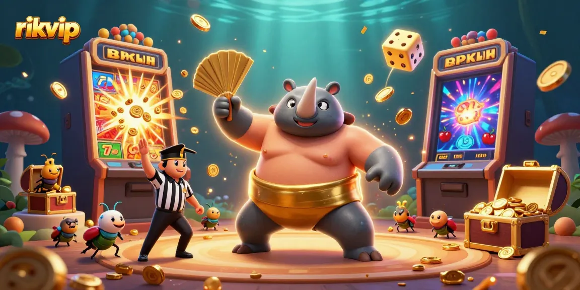 Experience the thrill of rikvip with a dynamic scene of a beetle sumo champion surrounded by dazzling casino elements.
