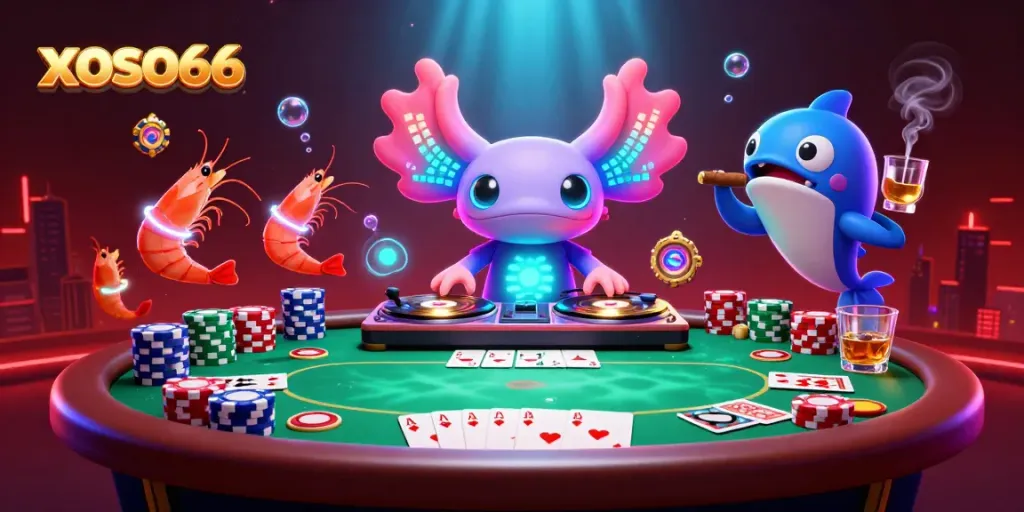 Engaging xoso66-themed illustration featuring a vibrant neon axolotl DJ and poker elements.