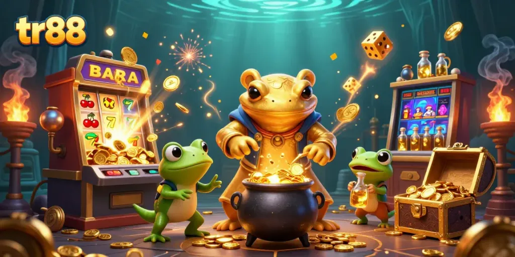 Join the tr88 casino adventure with a golden salamander alchemist creating wealth in a vibrant scene.