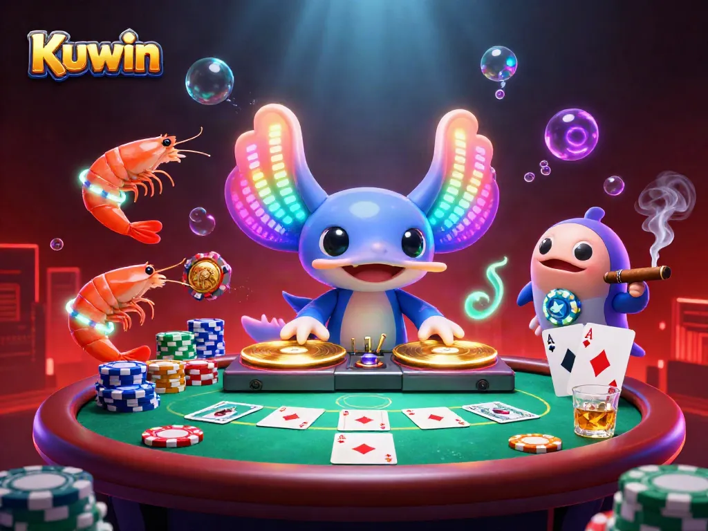 Kuwin showcases an energetic underwater poker party with animated characters and vibrant casino elements.