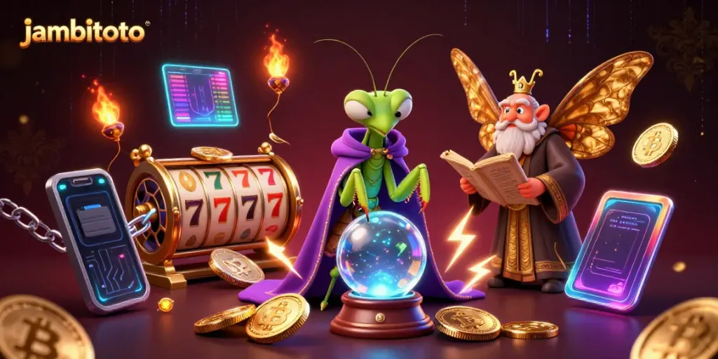 Experience the thrill of jambitoto with a dynamic casino scene featuring mystical characters and vibrant slot elements.