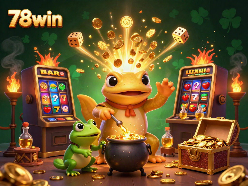 Experience the excitement of 78win with golden rewards and colorful casino elements in a fantastical laboratory scene.