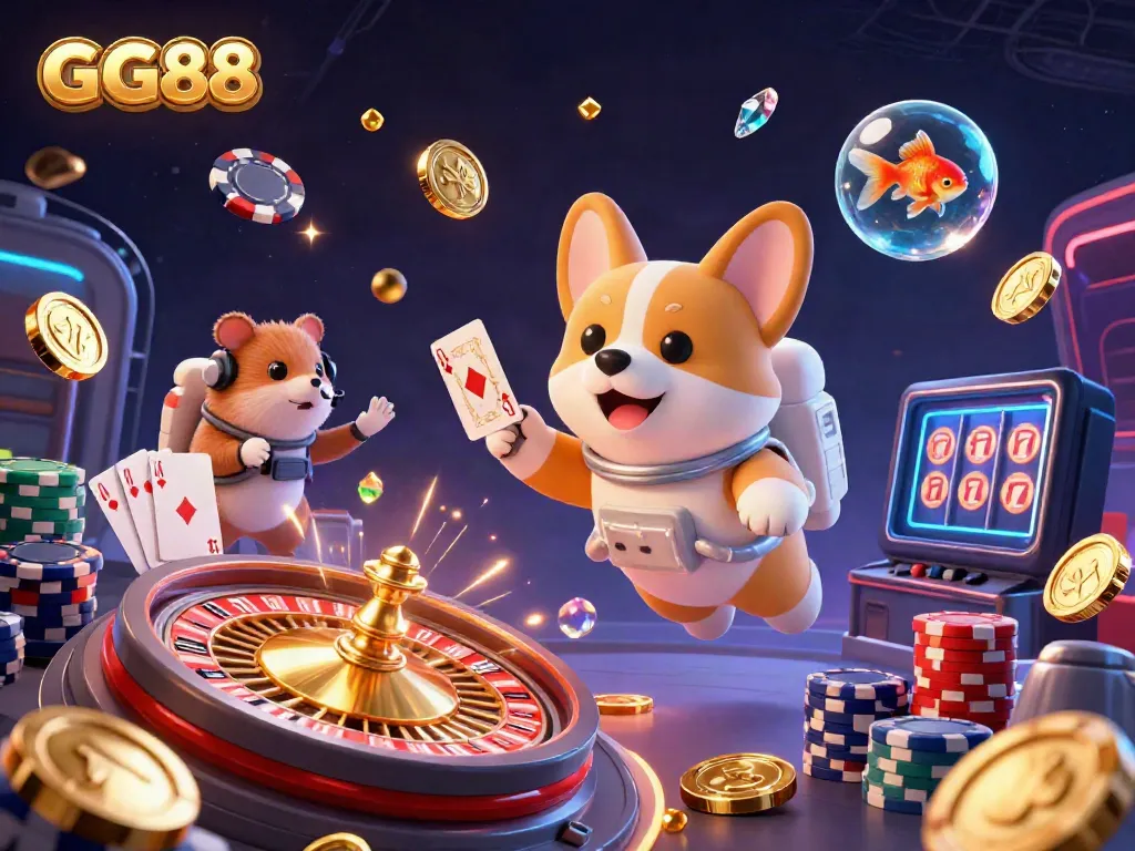 Experience GG88 in a dynamic 3D illustration of a floating casino scene with vibrant elements.