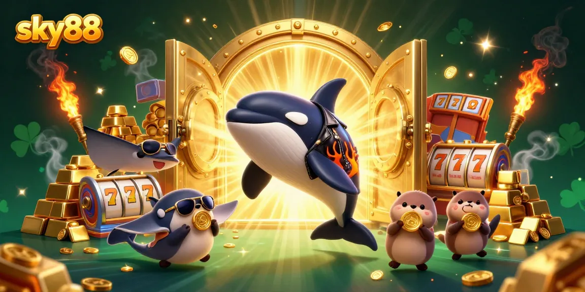 Sky88 players diving into excitement with slots and treasures in a vibrant 3D casino scene.