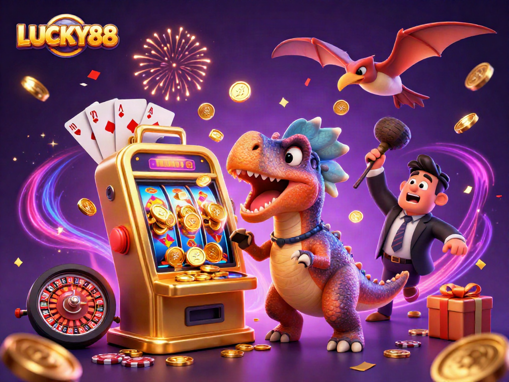 LUCKY88 headbutts a golden slot machine, creating a jackpot scene with animated coins and excitement.
