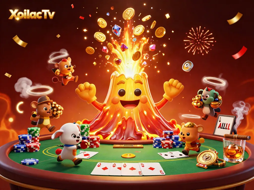 XoilacTv showcases a thrilling 3D illustration with a volcano erupting coins, surrounded by poker cards and chips for gamblers.