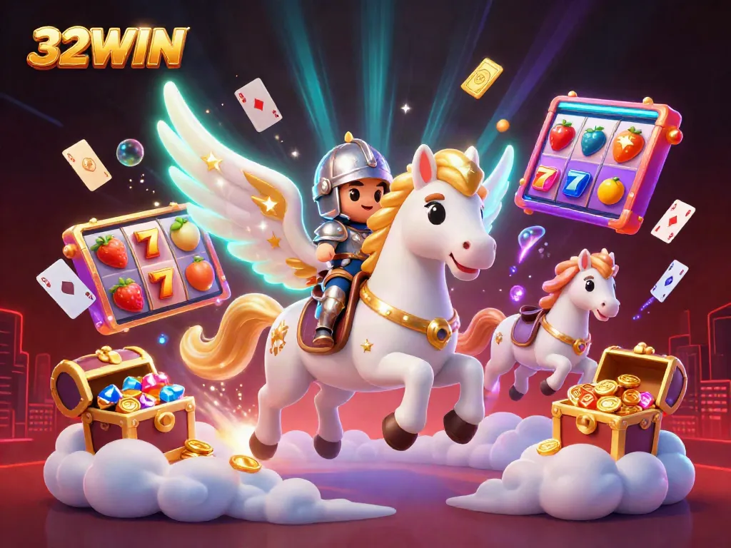 Experience the thrilling world of 32WIN with a celestial horse, colorful game elements, and a vibrant gambling scene.