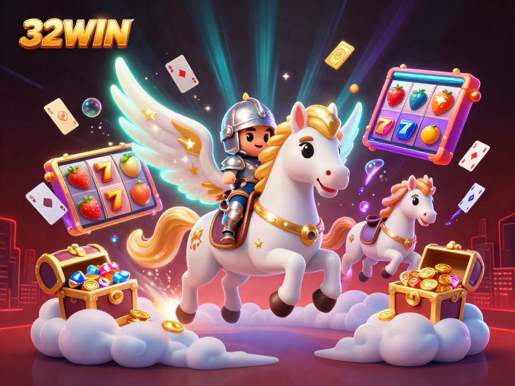 Experience the thrilling world of 32WIN with a celestial horse, colorful game elements, and a vibrant gambling scene.