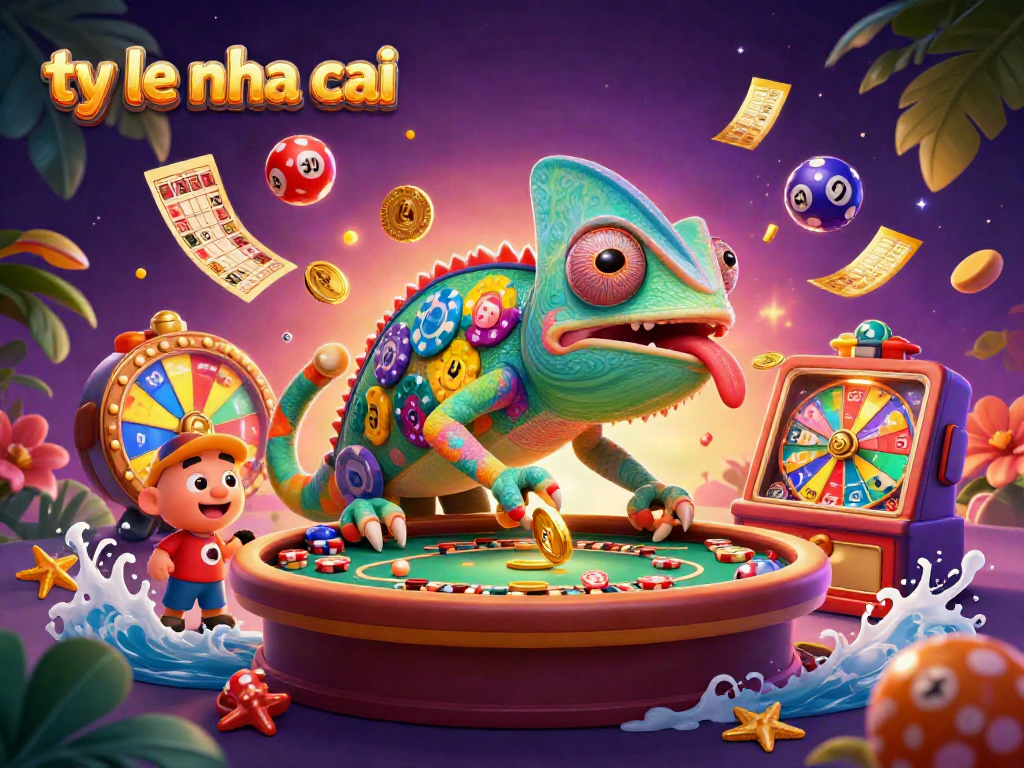 Experience the exciting ty le nha cai with a colorful casino scene featuring a chameleon owner and lottery elements.