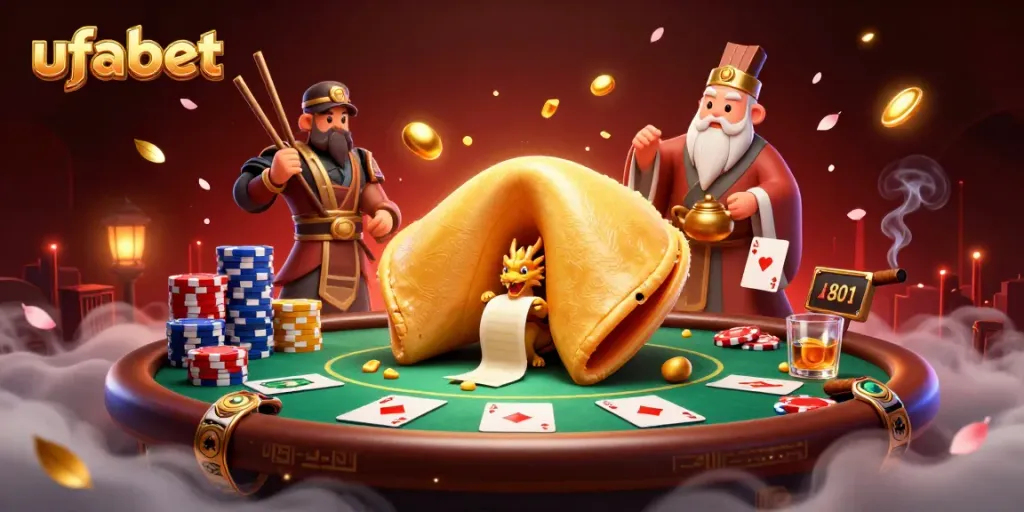 Experience the excitement of ufabet with a vibrant cartoon illustration of a golden fortune cookie and poker elements.