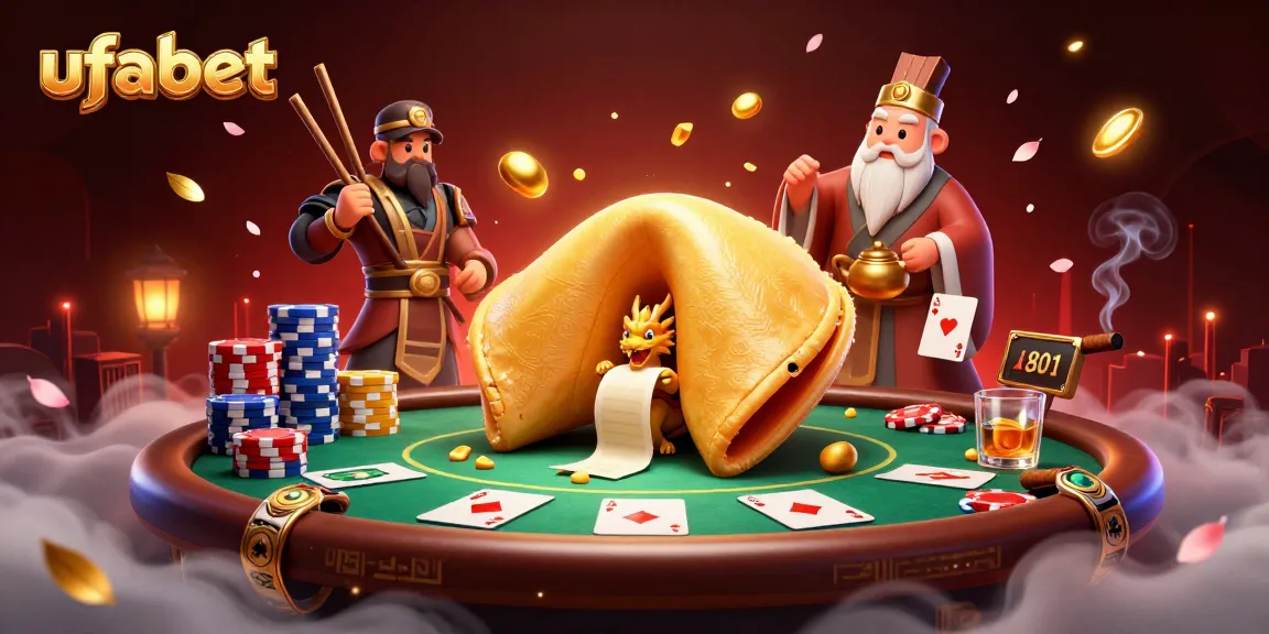 Experience the excitement of ufabet with a vibrant cartoon illustration of a golden fortune cookie and poker elements.