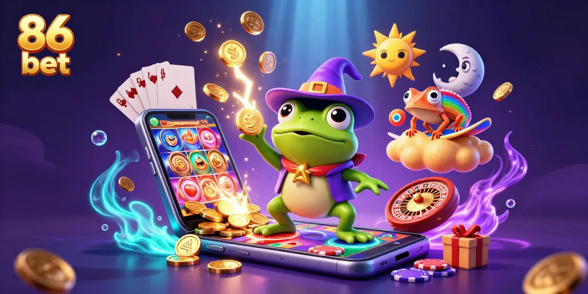 Join the fun at 86 bet with a magical scene of coins and vibrant slots gaming elements