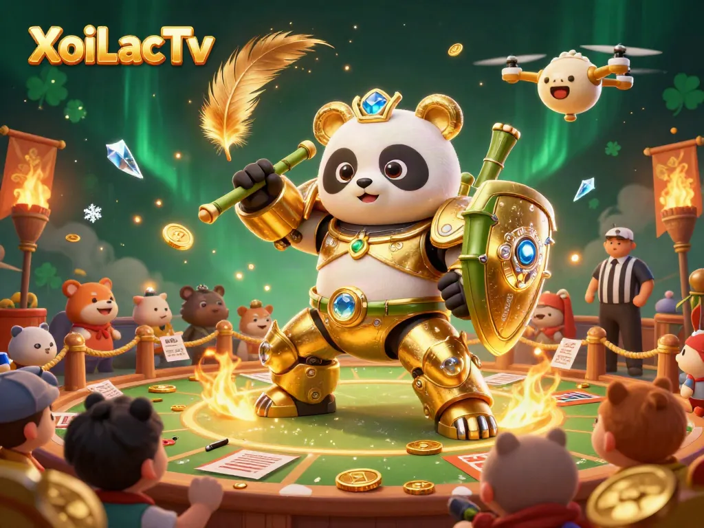 XoiLacTv showcases an exciting sports betting arena with a mech-suit panda and bamboo robot amidst cheering spectators.
