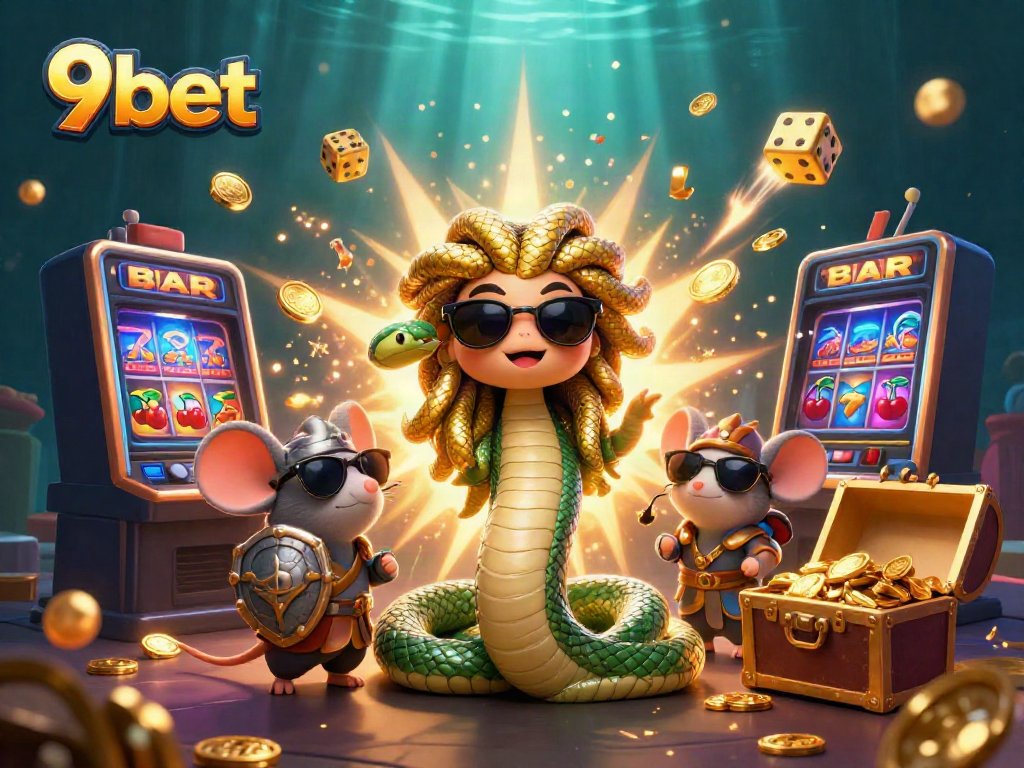 Win big with 9bet as Medusa and friends celebrate a jackpot in a colorful casino.