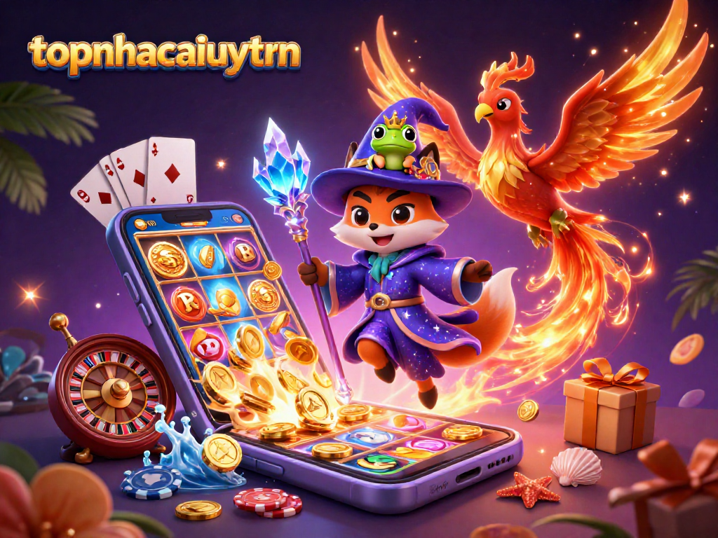 Experience the excitement of topnhacaiuytinn with mystical characters and vibrant casino elements in a dazzling 3D scene.