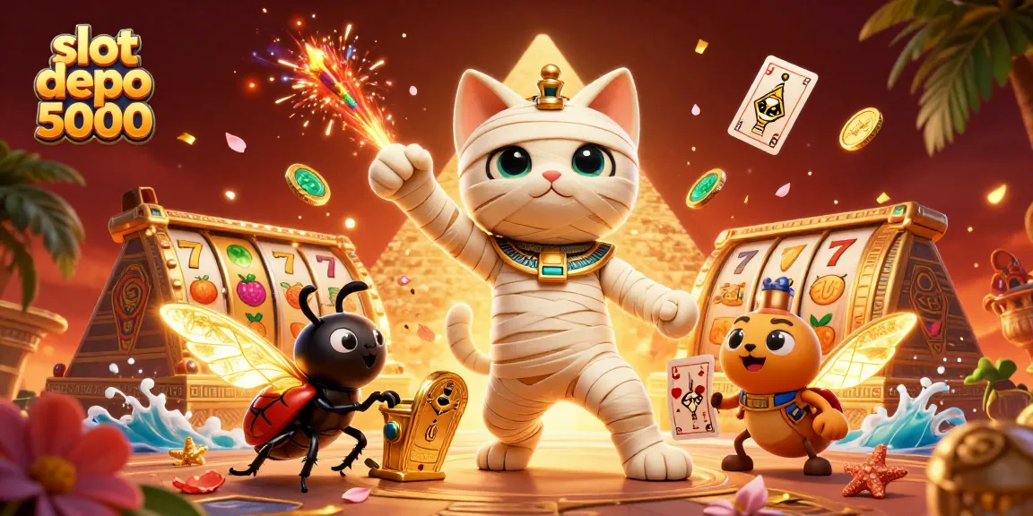 Experience the excitement of slot depo 5000 with a vibrant 3D illustration featuring a mummy cat in a pyramid casino.