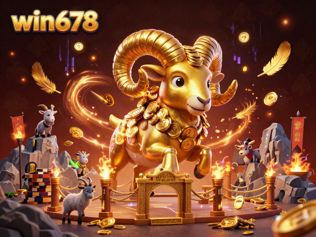 Engage with win678: An action-packed 3D casino scene showcasing a golden ram and gaming elements.