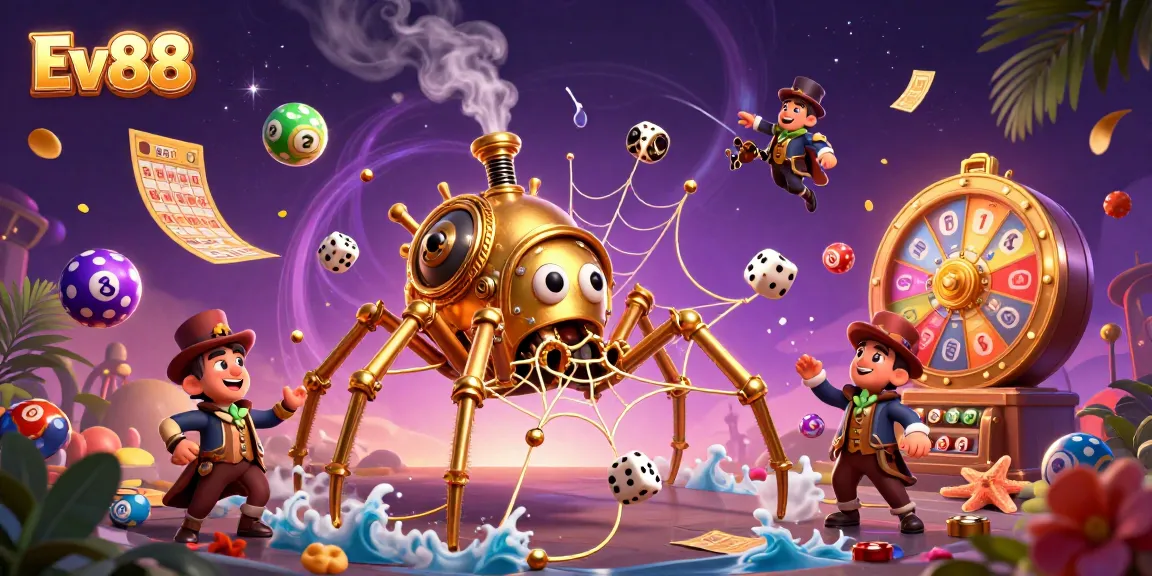 Engage with Ev88's thrilling gaming experience featuring a dynamic 3D steampunk spider and vibrant lottery action.