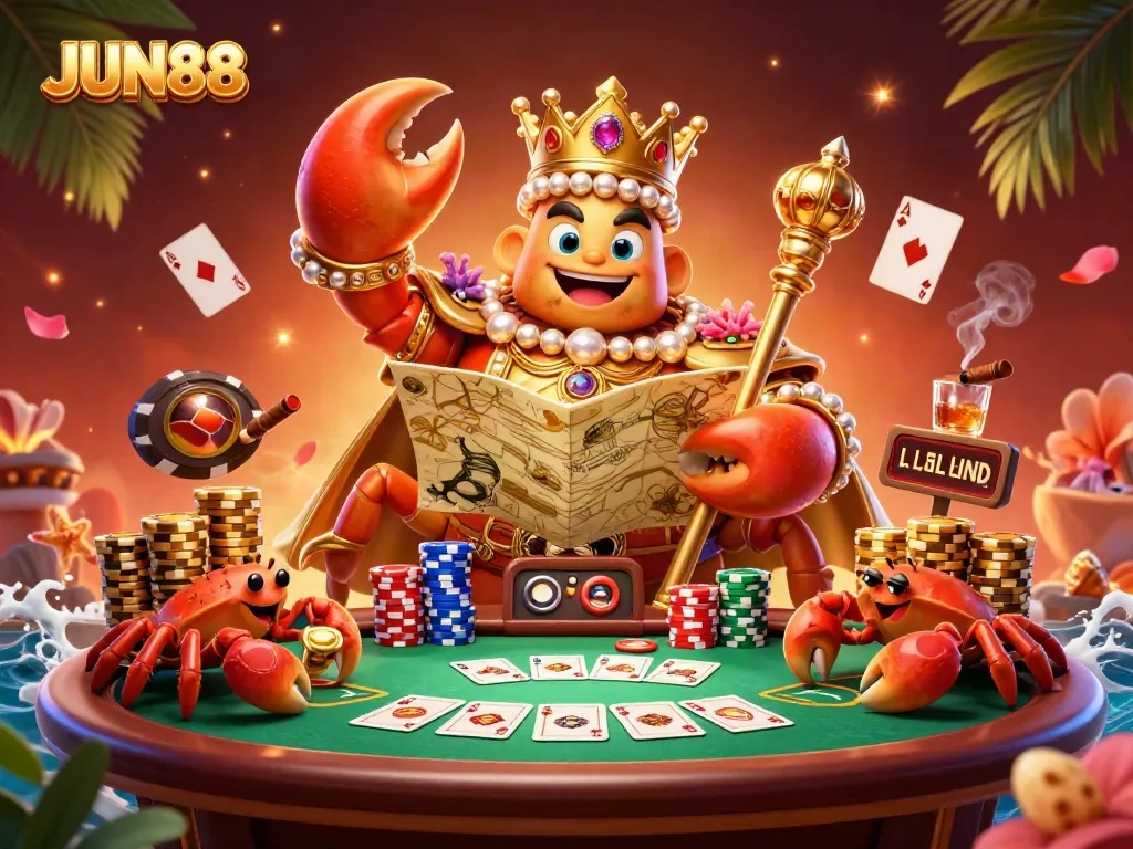 Experience the thrill of JUN88 with a golden crab emperor overseeing a vibrant casino scene.