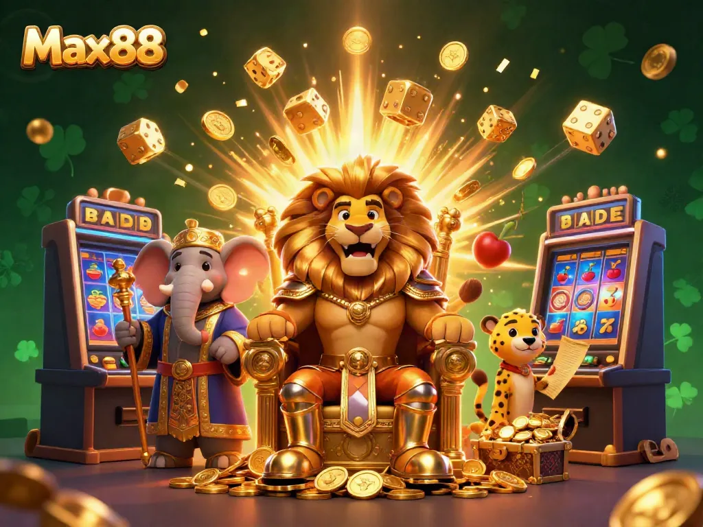 Max88 slot throne illustration showcasing a lion king amidst a jackpot explosion and casino elements.