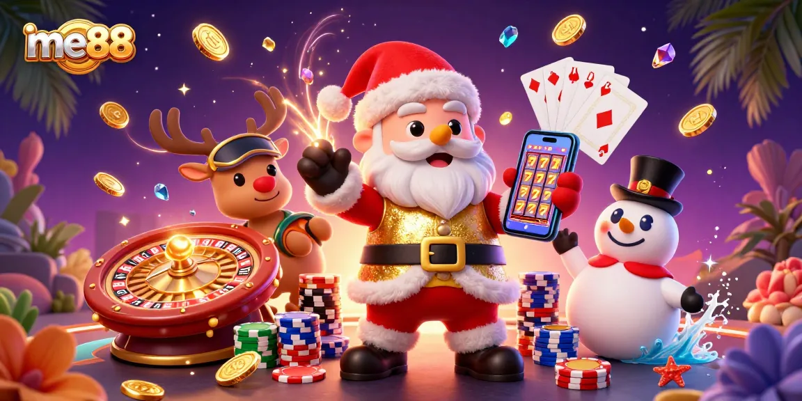 Win big at me88 with this vibrant 3D digital illustration featuring a casino-themed scene of festive characters.