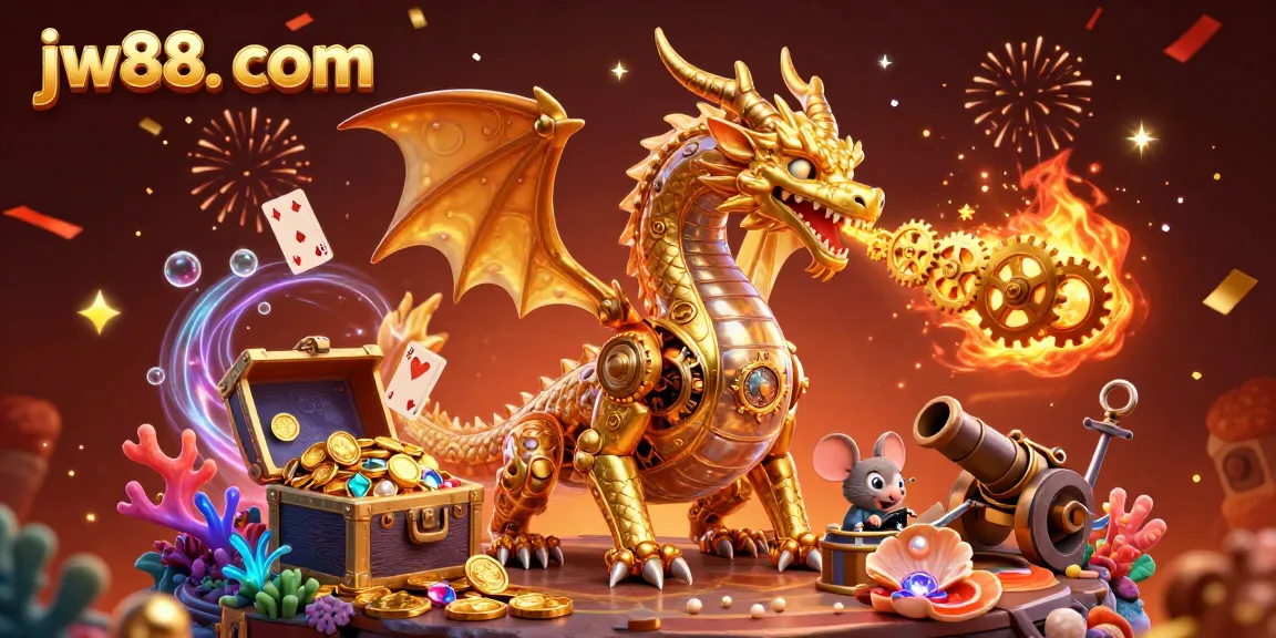 Experience gaming excitement at jw88. com with a biomechanical dragon amidst treasure and casino elements.