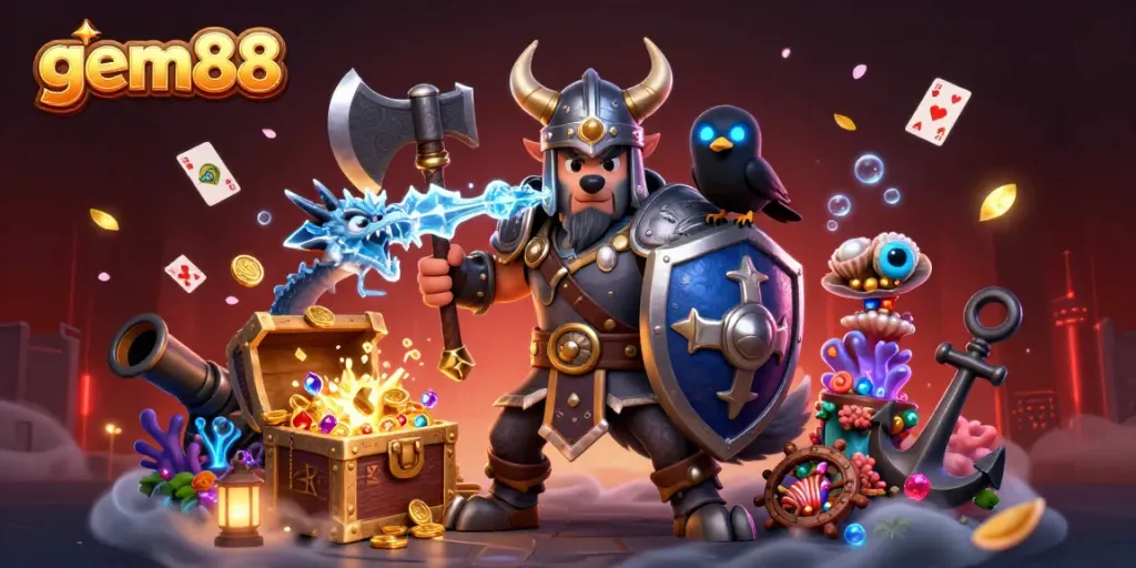 Experience exhilarating gameplay with gem88's stunning 3D casino illustration featuring vibrant characters and game elements.