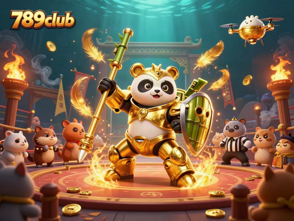 Engage thrilling gameplay at 789club with golden panda mech in an action-packed casino arena.