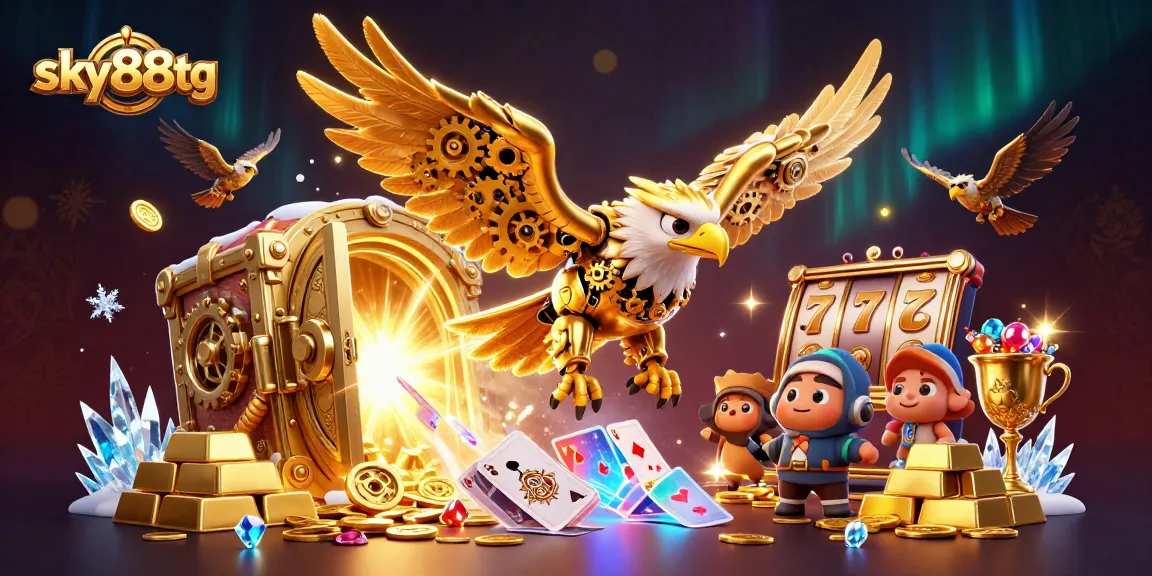 Sky88tg casino illustration with a golden eagle amidst holographic cards and slot elements.