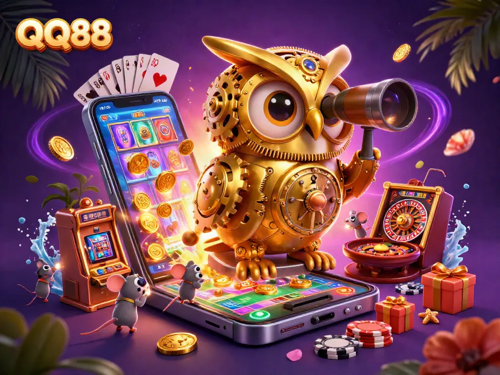 Experience winning fun with QQ88 in this vibrant casino-themed illustration.