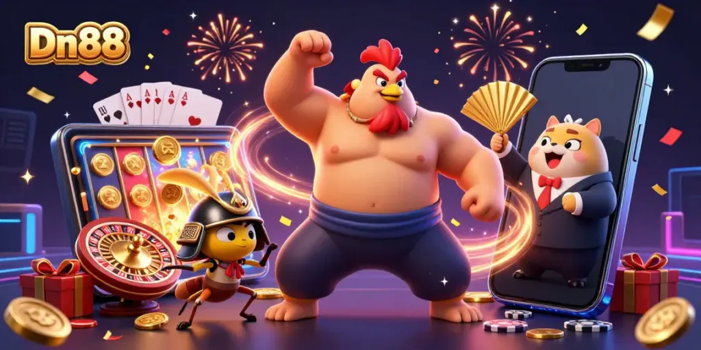 Experience the excitement of Dn88 with a captivating scene showcasing a powerful sumo rooster, a fierce cricket, and a tanuki announcer amidst dynamic casino elements.