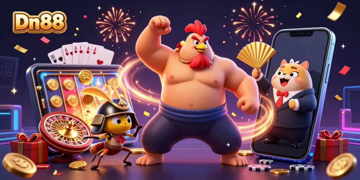 Experience the excitement of Dn88 with a captivating scene showcasing a powerful sumo rooster, a fierce cricket, and a tanuki announcer amidst dynamic casino elements.