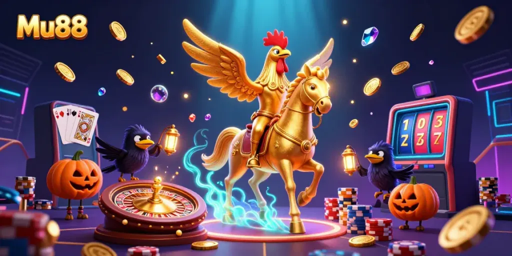 Experience thrilling gaming at Mu88 with golden rooster avatars and vibrant casino scenes.