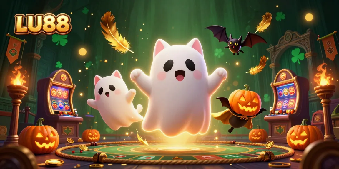 Experience thrilling gameplay at LU88 with a vibrant scene featuring our friendly ghost cat!