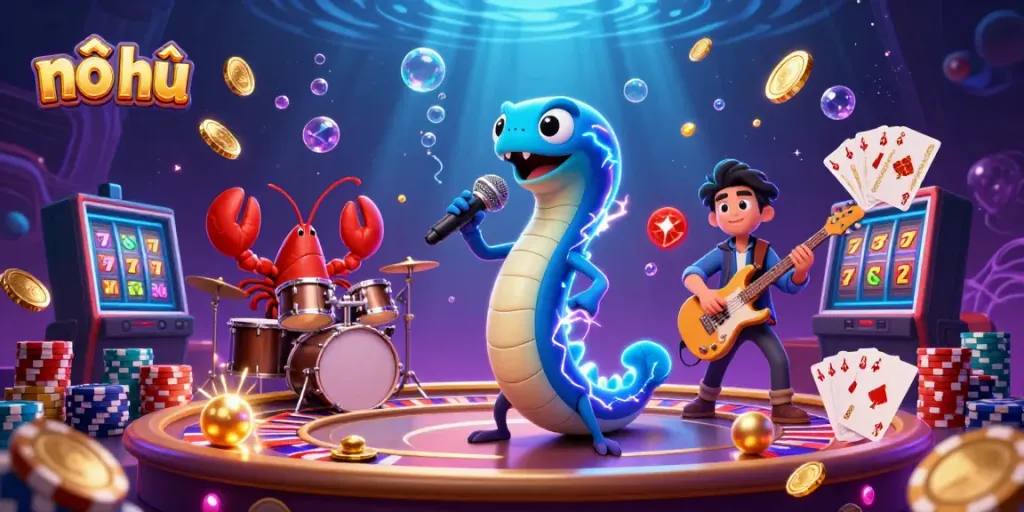 Experience nổ hũ excitement with colorful casino characters under the sea, spinning reels, and bright treasures.
