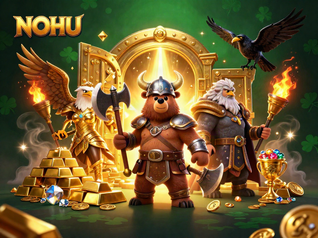 Engage in thrilling jackpot spins at NOHU with Viking berserker and golden allies in a treasure-filled scene.