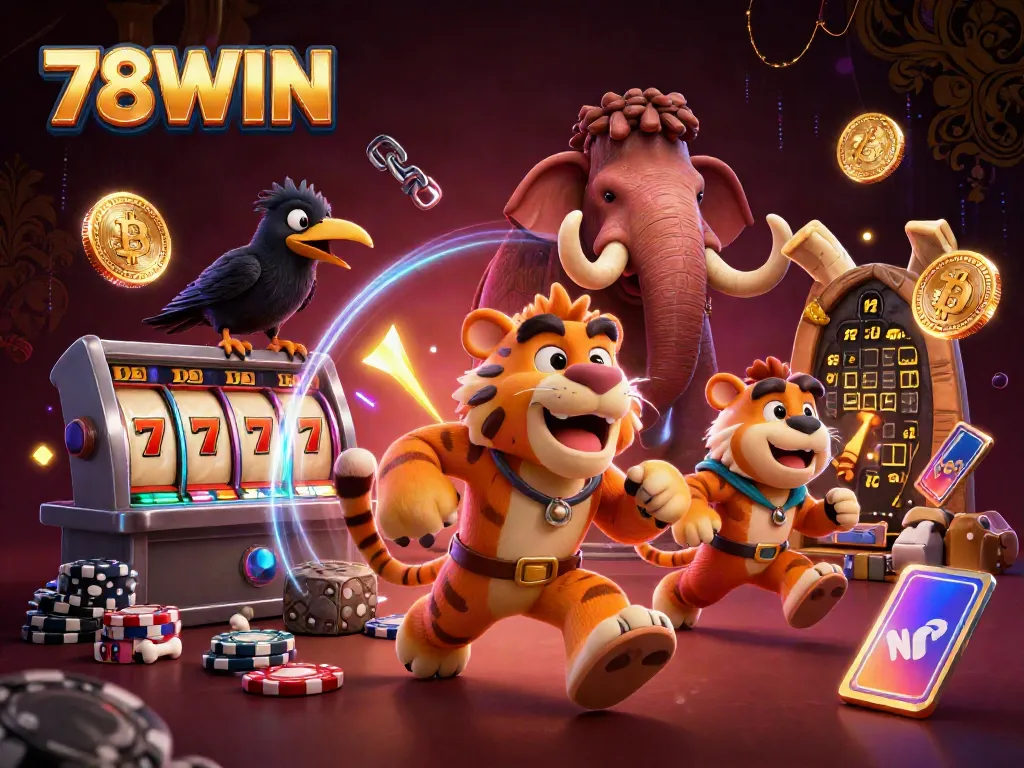 Engage with 78WIN in this dynamic caveman casino scene filled with slot reels, poker chips, and neon elements.