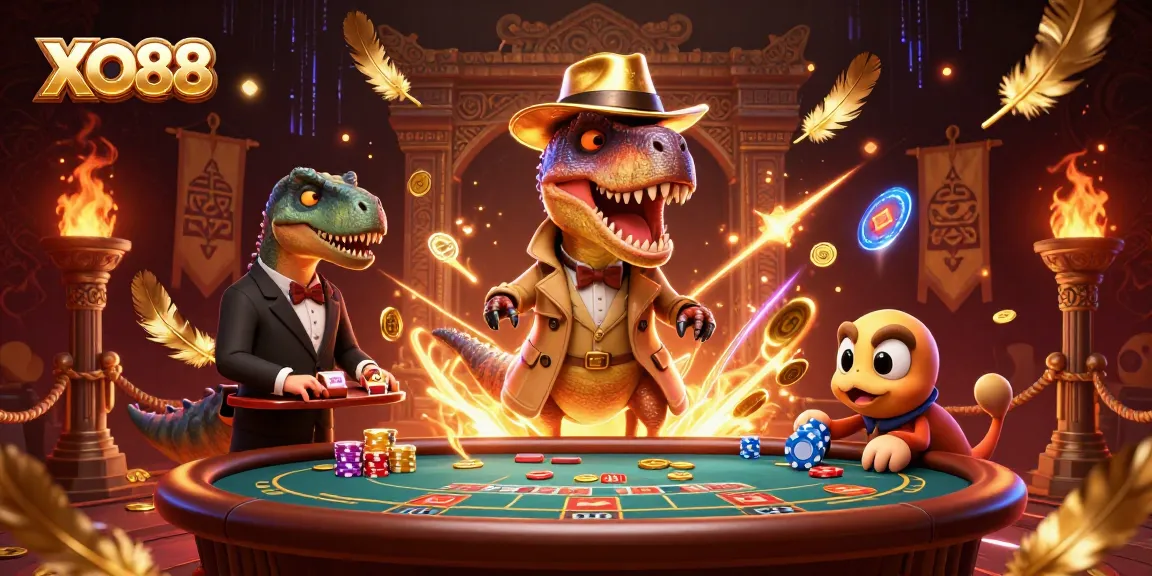 Engage in thrilling gameplay at XO88 with cartoon dinosaurs at a vibrant blackjack table