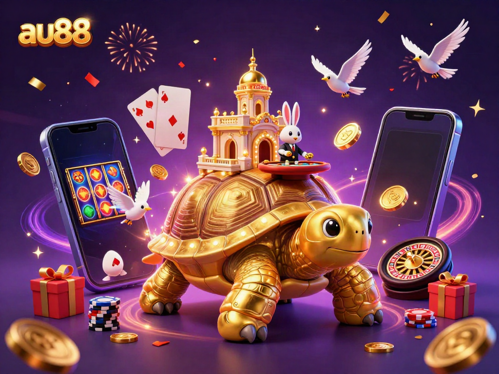 Experience thrilling gameplay at AU88 with a unique casino scene featuring golden tortoise and rabbit dealer.