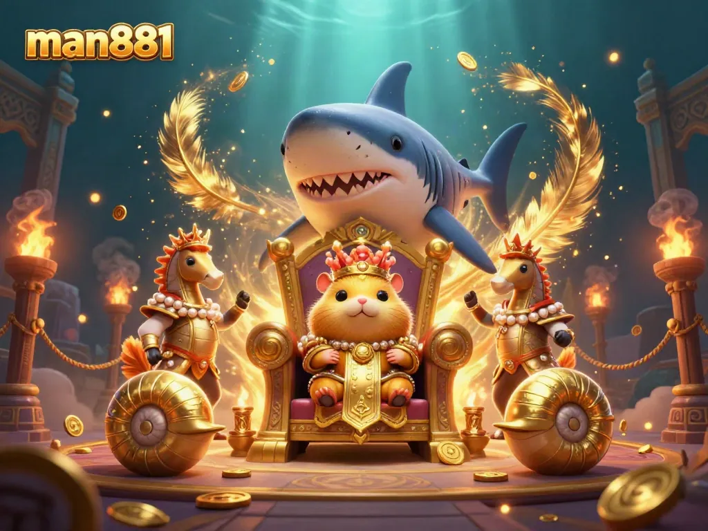 Join the thrilling adventure of man881 with a golden hamster king ruling his underwater casino realm filled with treasures.