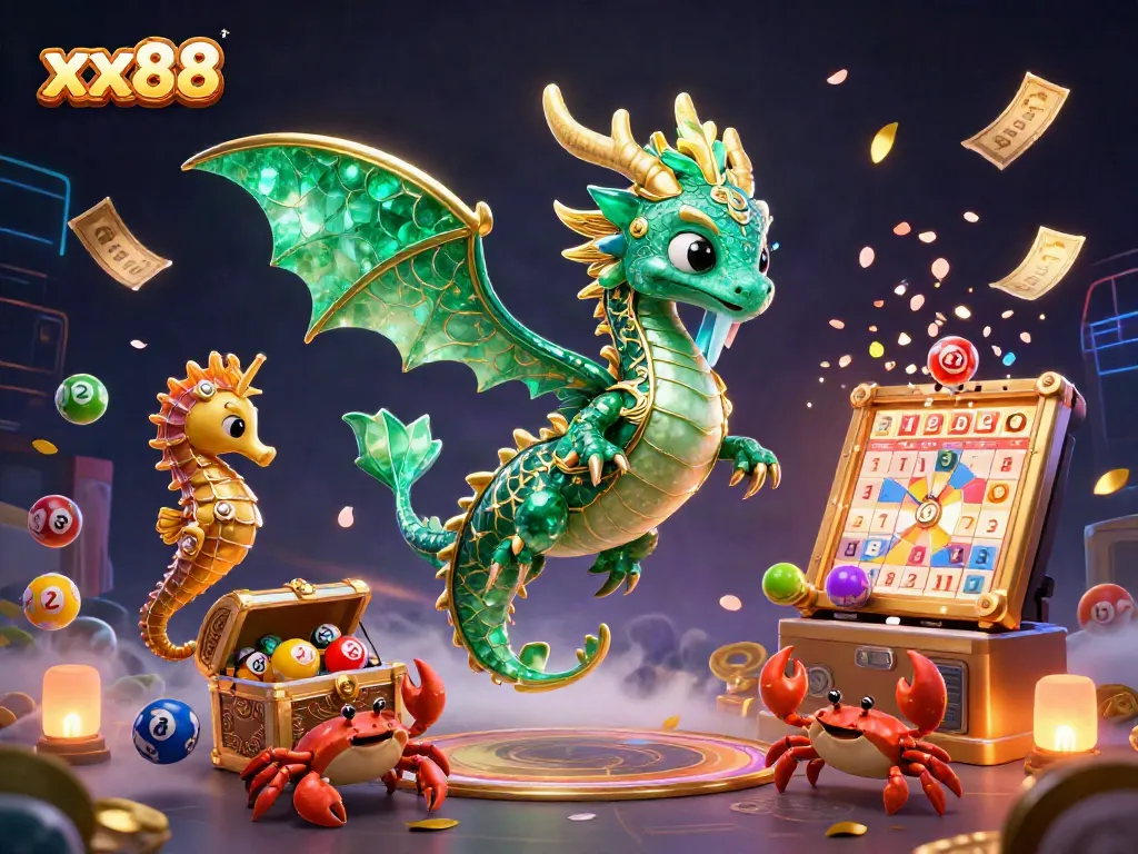 Experience the vibrant world of xx88, where a majestic sea dragon guards treasures amidst a festive gambling environment.