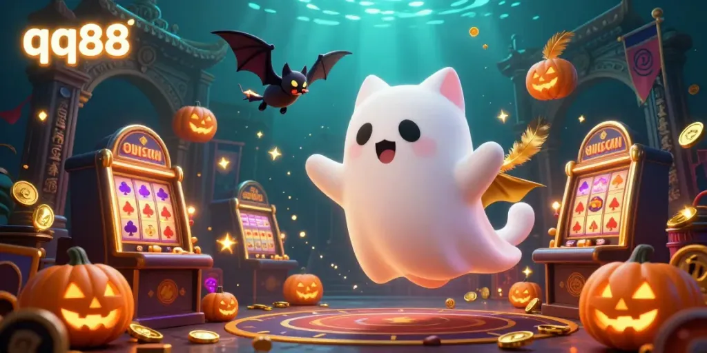 Experience the thrill of gambling with qq88 in an exciting haunted casino scene featuring vibrant characters and magical elements.