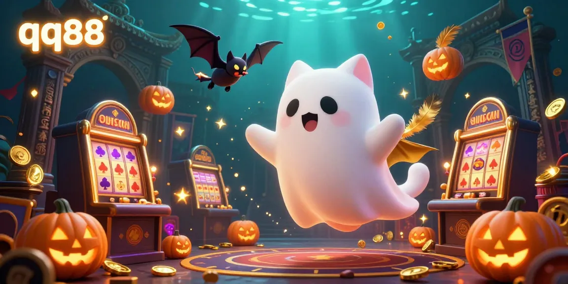 Experience the thrill of gambling with qq88 in an exciting haunted casino scene featuring vibrant characters and magical elements.