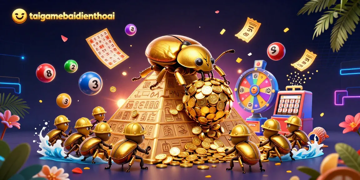Engage with taigamebaidienthoai through a dynamic 3D scene of a golden dung beetle and colorful lottery elements.